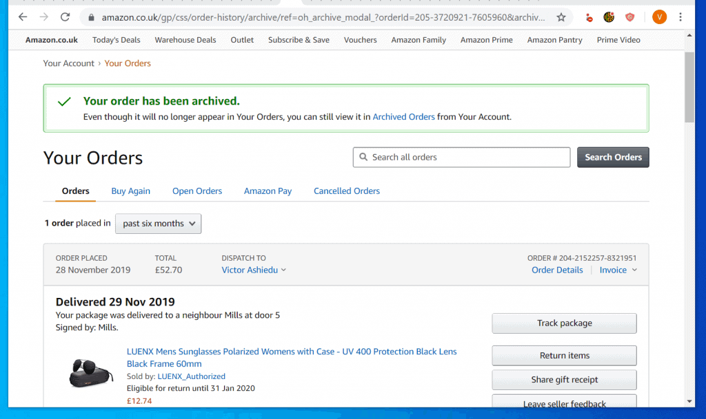 amazon removed an order from my history