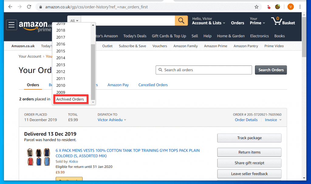 how to view archived orders amazon app