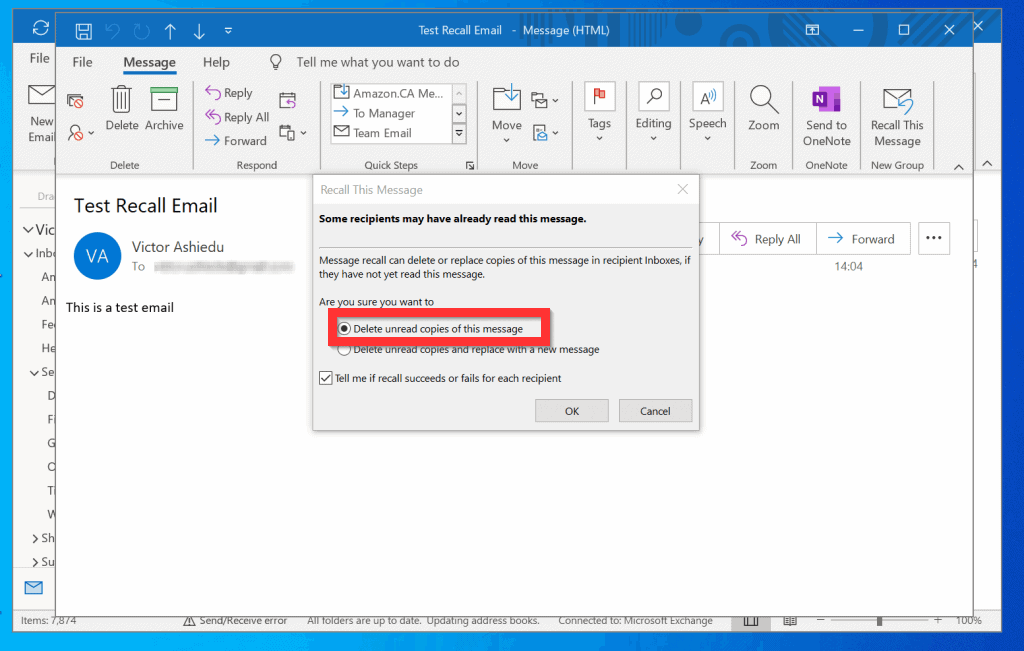 if you recall a message in outlook does the recipient know