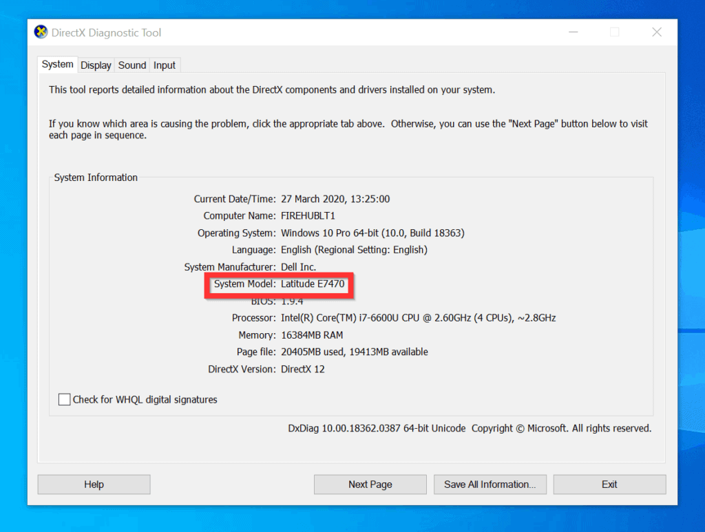 How to Find Computer Model on Windows 10 from DirectX Diagnostics Tool