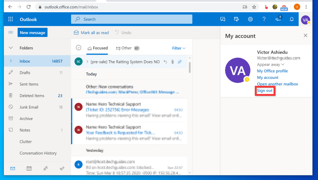 how to sign out of outlook app