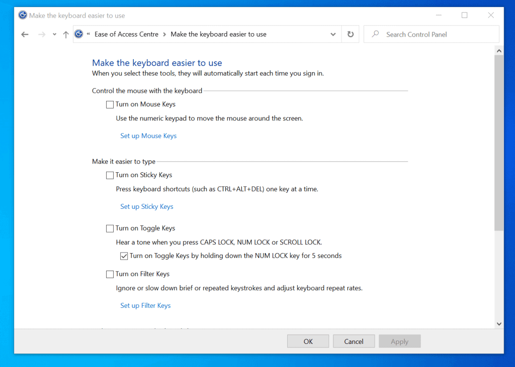 turn off ease of access windows 10