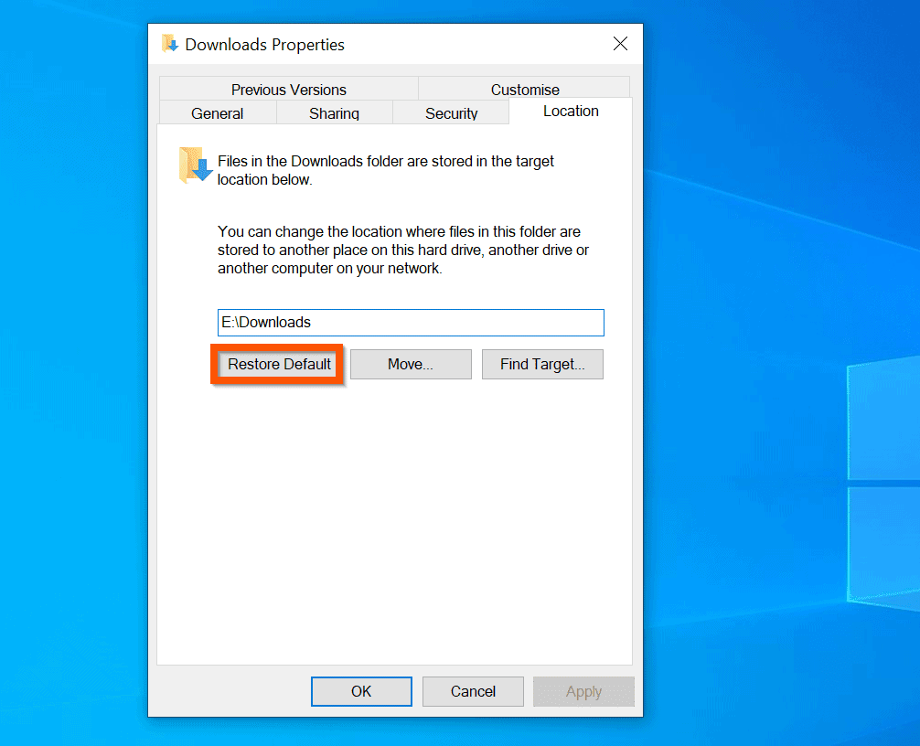 change the default download location in windows 10