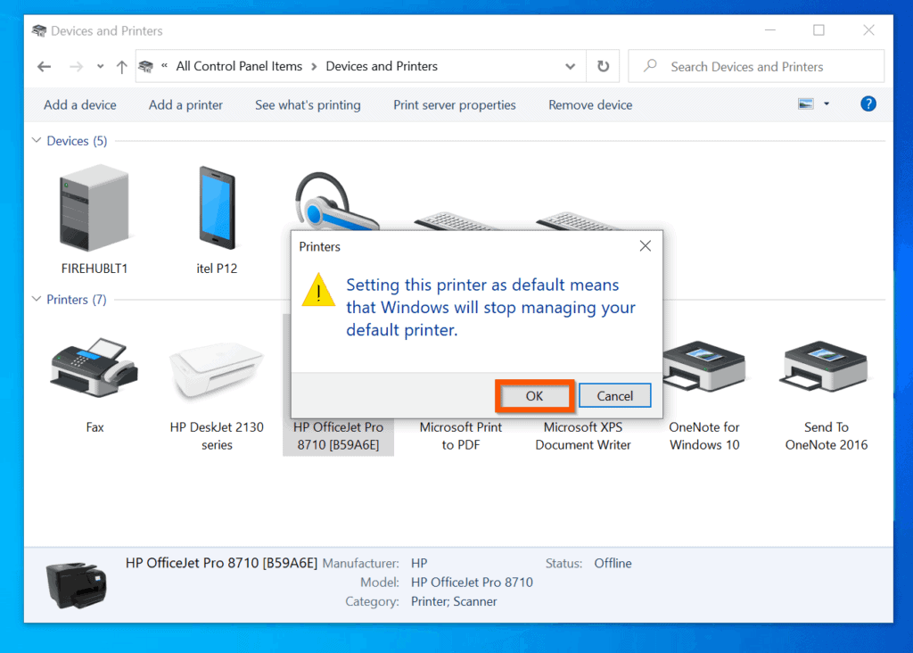 how to change default printer on windows 10