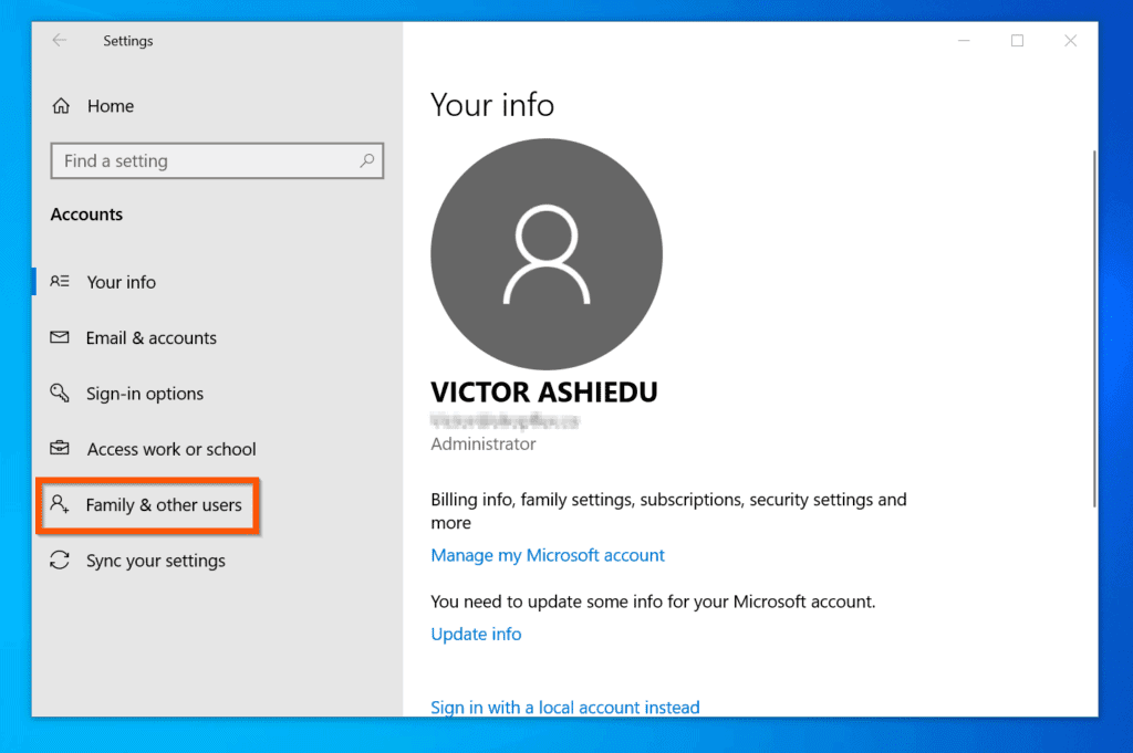 change administrator microsoft account windows 10 to local account