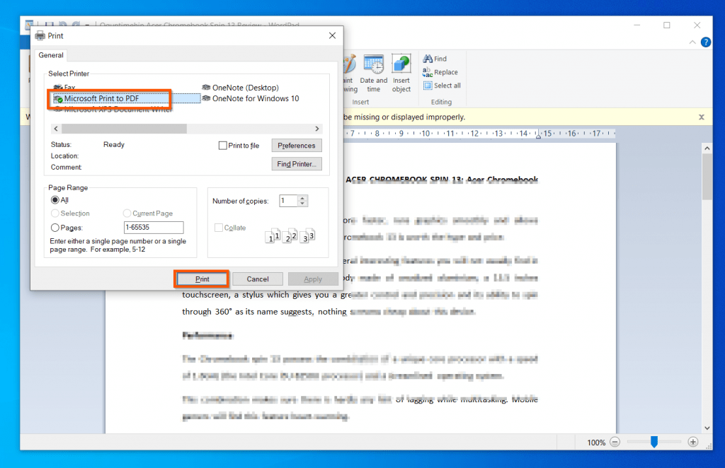 how to print from wordpad windows 10
