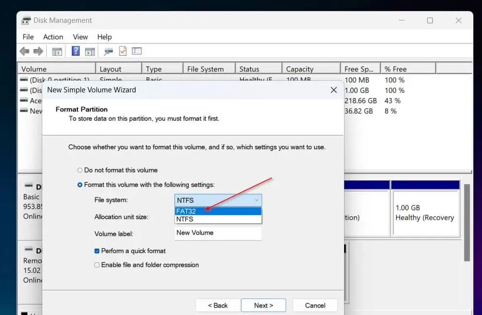 Disk Management formats a USB drive with the NTFS file system by default. If you wish to format your drive with the FAT32 file system, select this option on the Format Partition page of the wizard. 
