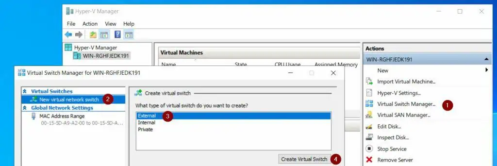 Before you create a VM, create an External Virtual Switch - open Virtual Switch Manager