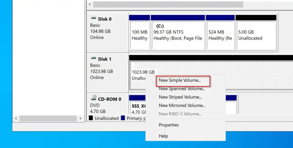 Finally, create a volume (or multiple volumes as you wish) and format the disk.