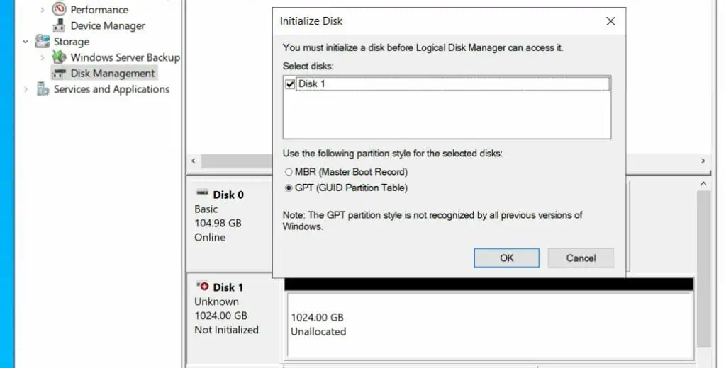 Initialize an MPIO disk in disk management