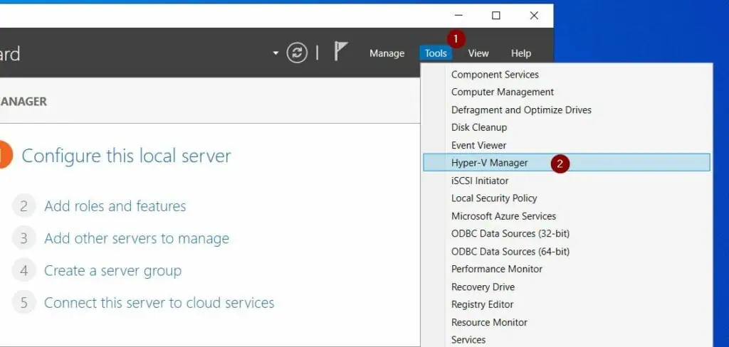Open Hyper-V Manager from Server Manager: Tools > Hyper-V Manager. 