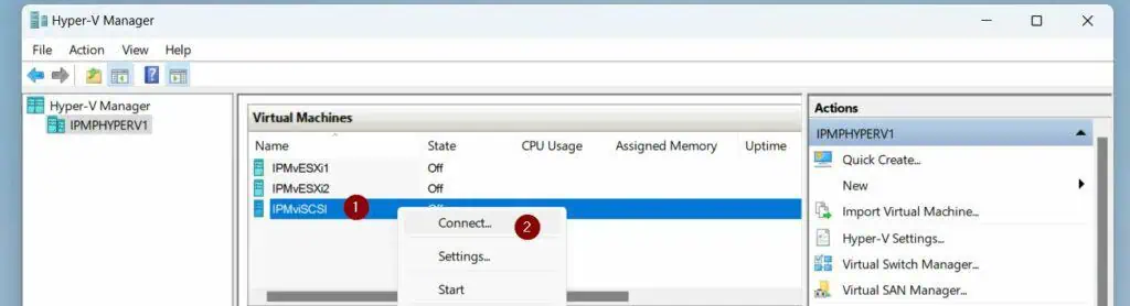Finally, back in the Hyper-V Manager, right-click the VM and select Connect; then, start the VM and install the OS
