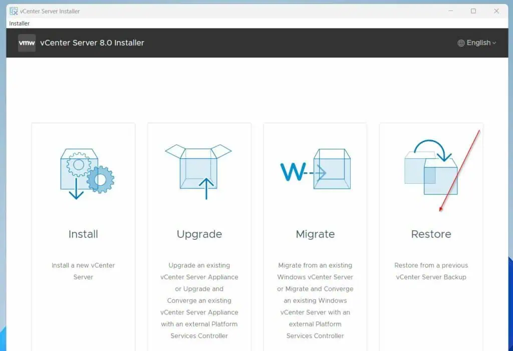 Then, on the first page of the vCenter Server Installer, click Restore. 